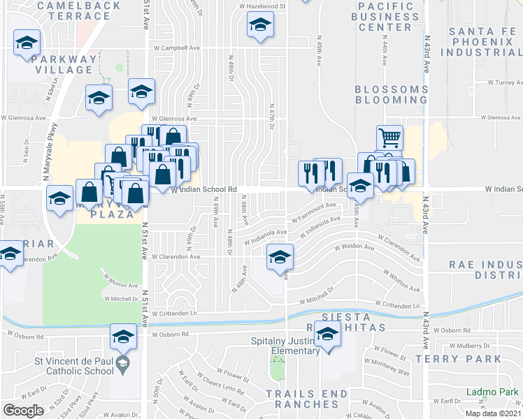 map of restaurants, bars, coffee shops, grocery stores, and more near 3851 North 48th Avenue in Phoenix