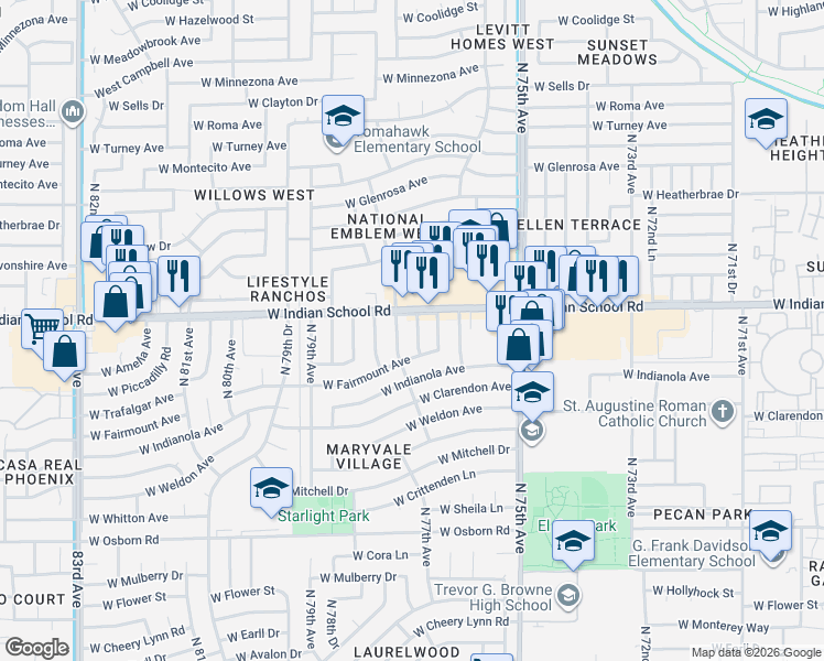 map of restaurants, bars, coffee shops, grocery stores, and more near 4026 North 77th Avenue in Phoenix