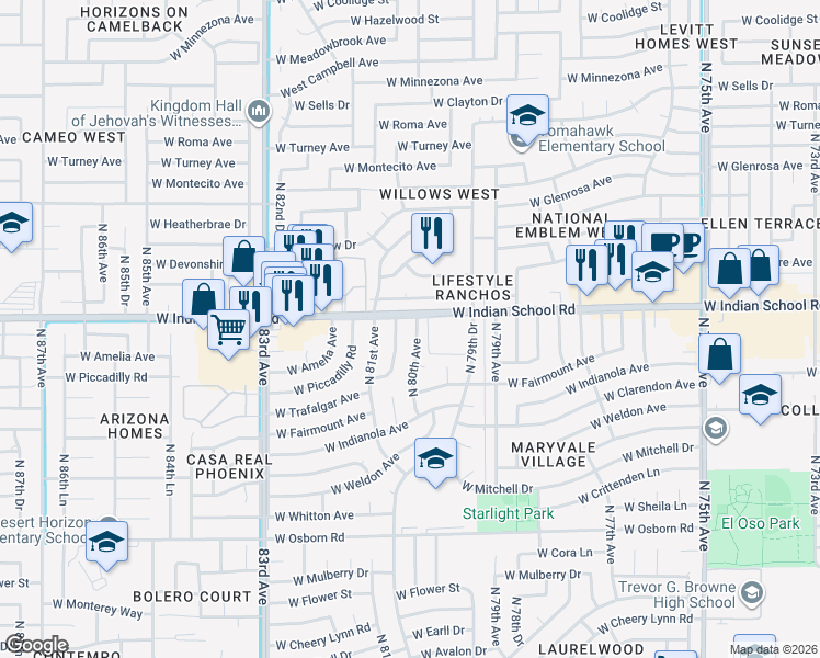 map of restaurants, bars, coffee shops, grocery stores, and more near 4047 North 80th Avenue in Phoenix