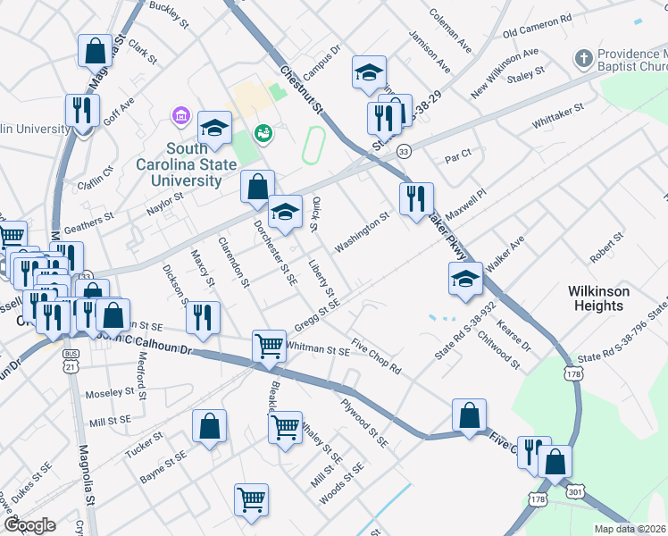 map of restaurants, bars, coffee shops, grocery stores, and more near 411 Liberty Street in Orangeburg