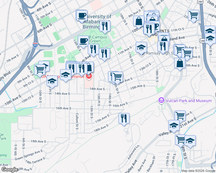 map of restaurants, bars, coffee shops, grocery stores, and more near 1355 14th Avenue South in Birmingham