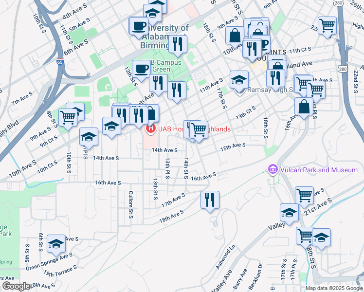map of restaurants, bars, coffee shops, grocery stores, and more near 1355 14th Avenue South in Birmingham