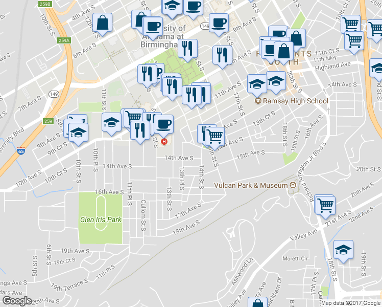 map of restaurants, bars, coffee shops, grocery stores, and more near 1355 14th Avenue South in Birmingham