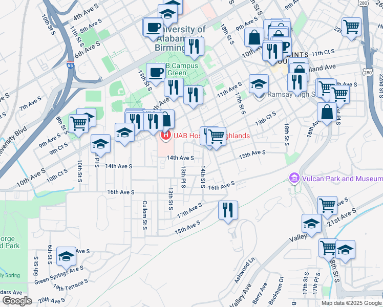 map of restaurants, bars, coffee shops, grocery stores, and more near 1355 14th Avenue South in Birmingham