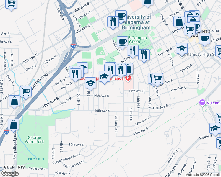 map of restaurants, bars, coffee shops, grocery stores, and more near 1125 11th Place South in Birmingham