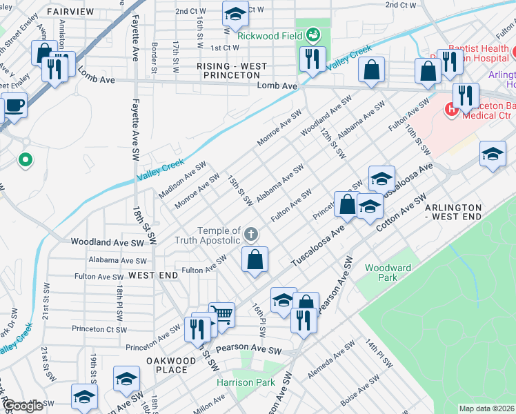 map of restaurants, bars, coffee shops, grocery stores, and more near 416 15th Street Southwest in Birmingham