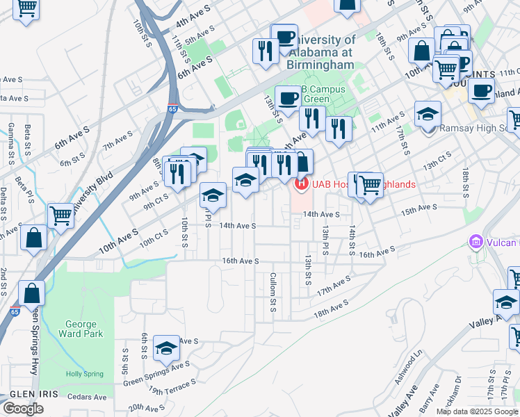 map of restaurants, bars, coffee shops, grocery stores, and more near 1125 11th Place South in Birmingham