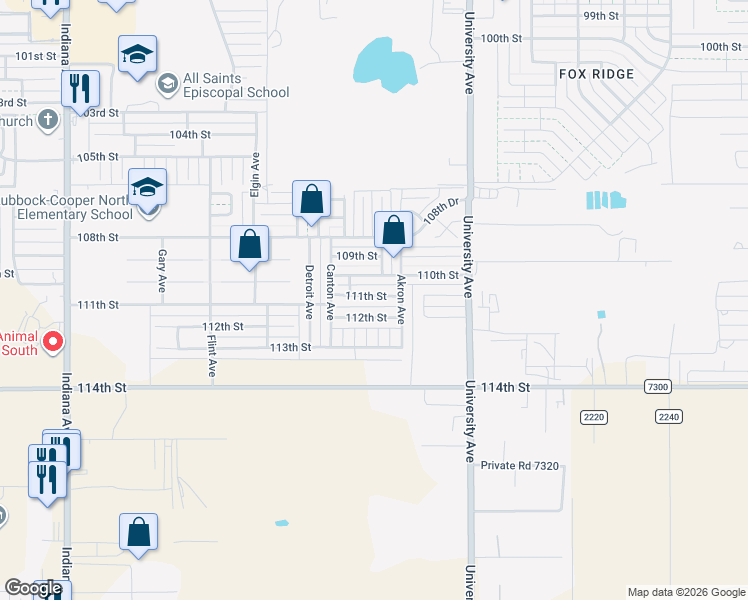 map of restaurants, bars, coffee shops, grocery stores, and more near 2608 112th Street in Lubbock