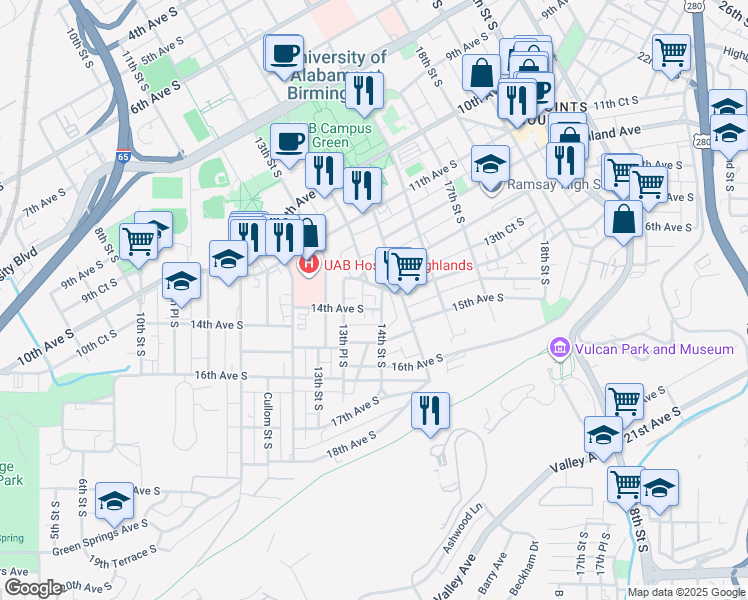 map of restaurants, bars, coffee shops, grocery stores, and more near 1355 14th Avenue South in Birmingham