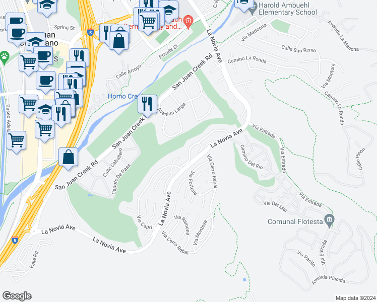 map of restaurants, bars, coffee shops, grocery stores, and more near 27507 Via Sequoia in San Juan Capistrano