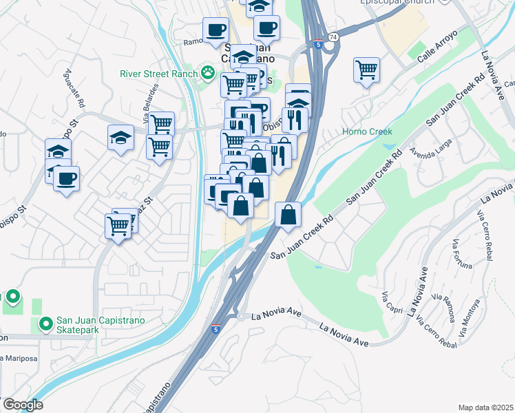 map of restaurants, bars, coffee shops, grocery stores, and more near 32311 Avenida Padre in San Juan Capistrano