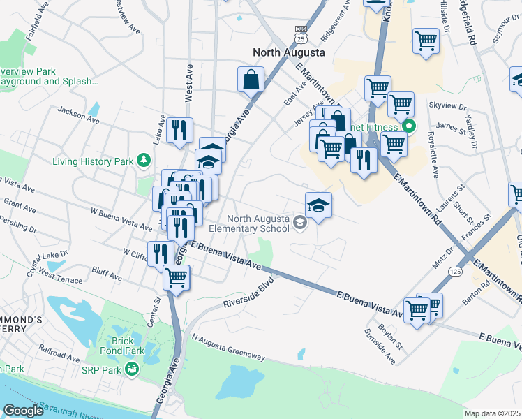 map of restaurants, bars, coffee shops, grocery stores, and more near 400 East Spring Grove Avenue in North Augusta
