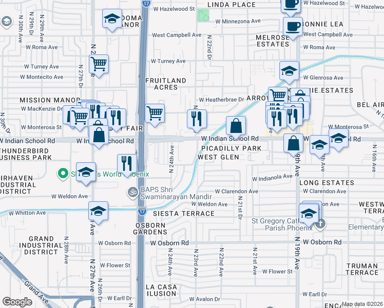map of restaurants, bars, coffee shops, grocery stores, and more near 3902 North 23rd Avenue in Phoenix