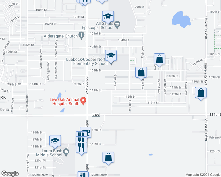 map of restaurants, bars, coffee shops, grocery stores, and more near 3206 111th Street in Lubbock