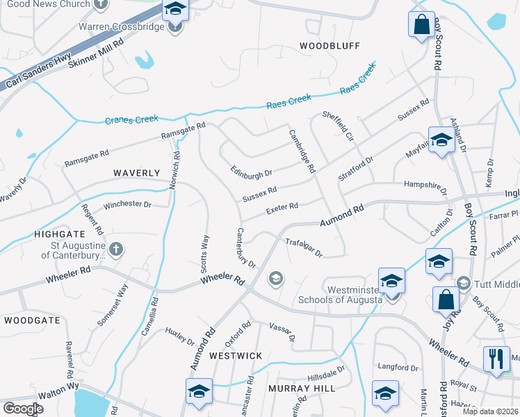 map of restaurants, bars, coffee shops, grocery stores, and more near 3129 Exeter Road in Augusta