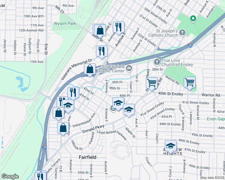 map of restaurants, bars, coffee shops, grocery stores, and more near 608 40th Place in Fairfield