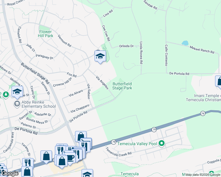 map of restaurants, bars, coffee shops, grocery stores, and more near 43320 Via Angeles in Temecula
