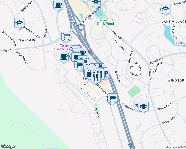 map of restaurants, bars, coffee shops, grocery stores, and more near 41990 Main Street in Temecula