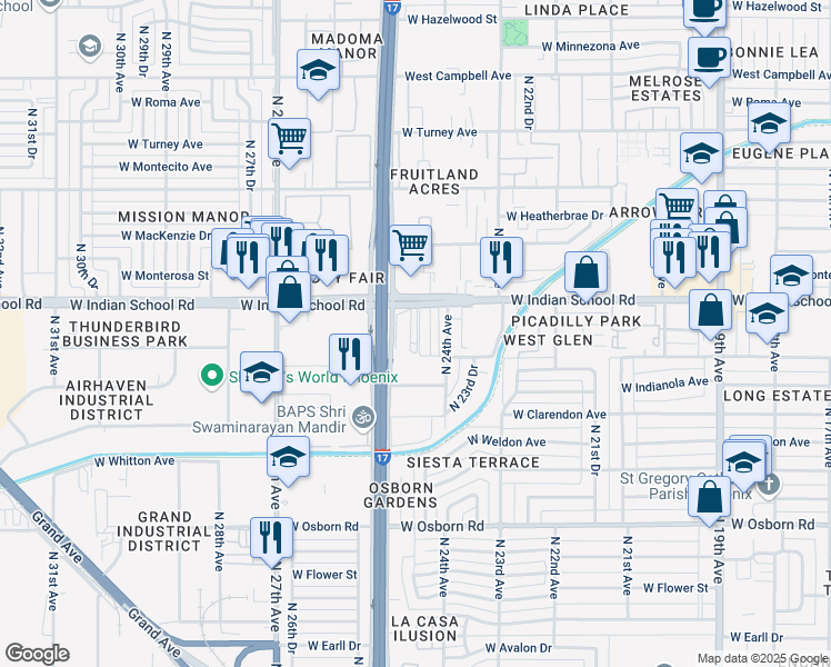 map of restaurants, bars, coffee shops, grocery stores, and more near 2429 West Indian School Road in Phoenix