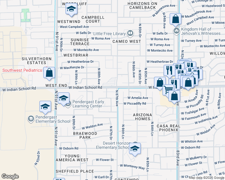 map of restaurants, bars, coffee shops, grocery stores, and more near 8701 West Vale Drive in Phoenix