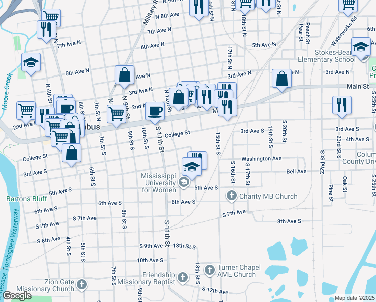 map of restaurants, bars, coffee shops, grocery stores, and more near 1100 College Street in Columbus