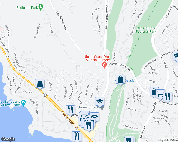 map of restaurants, bars, coffee shops, grocery stores, and more near 32252 Azores Road in Dana Point