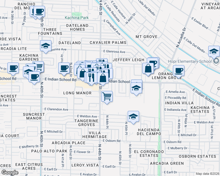 map of restaurants, bars, coffee shops, grocery stores, and more near 4002 North 44th Place in Phoenix