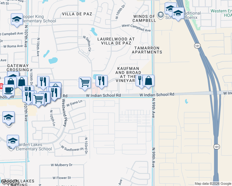 map of restaurants, bars, coffee shops, grocery stores, and more near 10030 West Indian School Road in Phoenix
