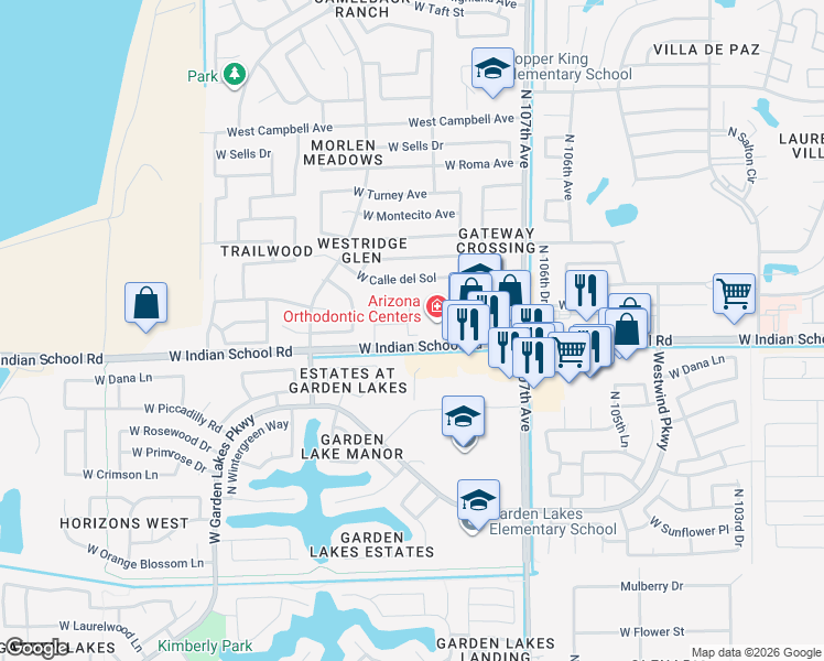 map of restaurants, bars, coffee shops, grocery stores, and more near 4110 North 108th Avenue in Phoenix