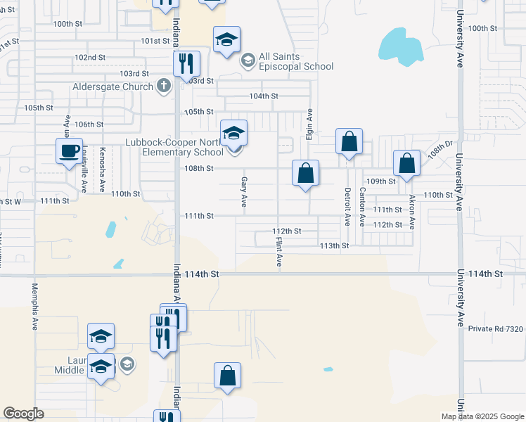 map of restaurants, bars, coffee shops, grocery stores, and more near 3123 111th Street in Lubbock