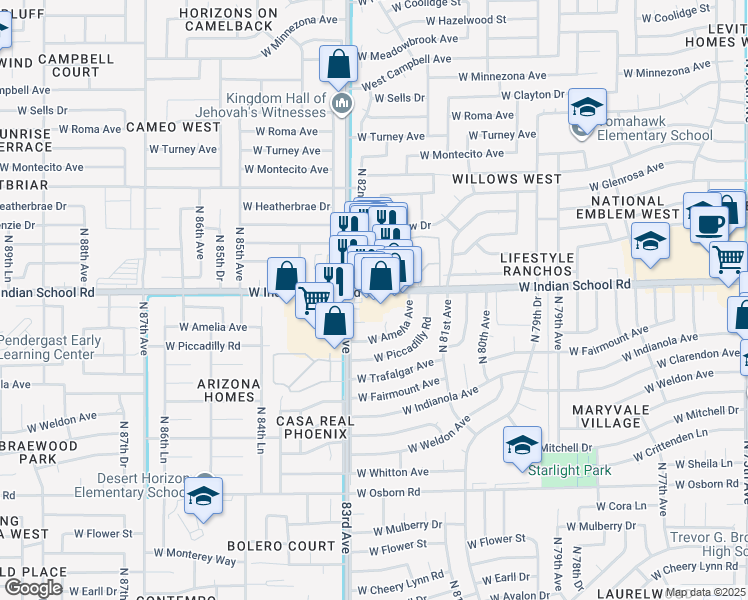 map of restaurants, bars, coffee shops, grocery stores, and more near 4029 North 82nd Avenue in Phoenix