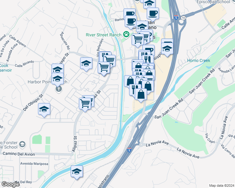 map of restaurants, bars, coffee shops, grocery stores, and more near 32302 Alipaz Street in San Juan Capistrano
