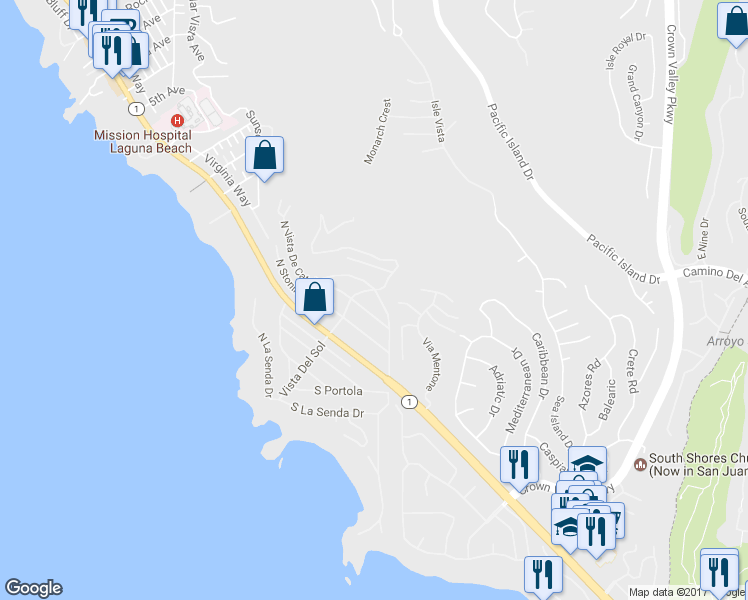 map of restaurants, bars, coffee shops, grocery stores, and more near 4 S Vista De La Luna in Laguna Beach