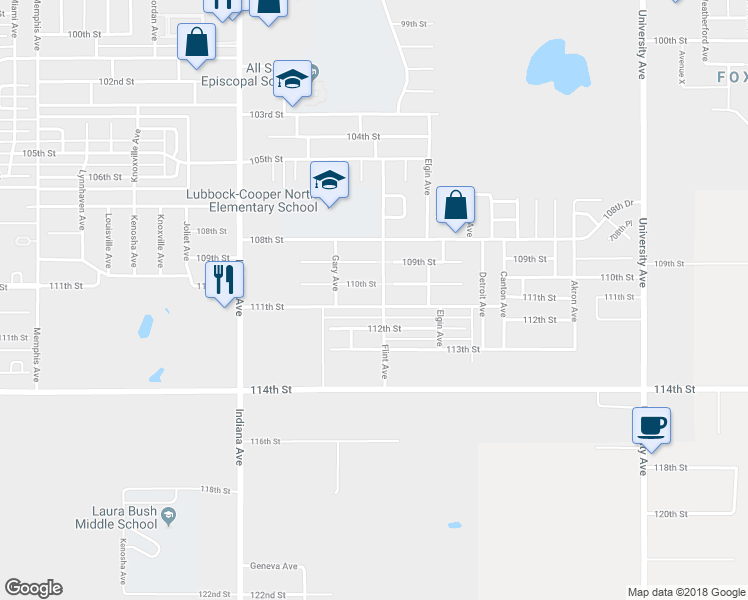 map of restaurants, bars, coffee shops, grocery stores, and more near 3101 111th Street in Lubbock