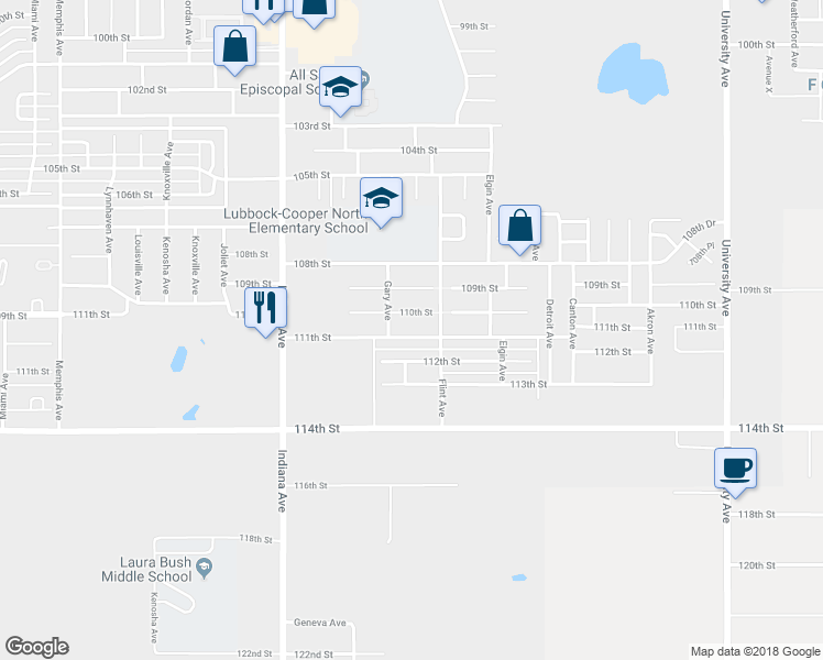 map of restaurants, bars, coffee shops, grocery stores, and more near 3123 111th Street in Lubbock