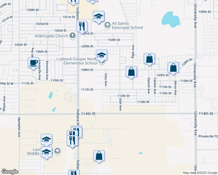 map of restaurants, bars, coffee shops, grocery stores, and more near 3123 111th Street in Lubbock