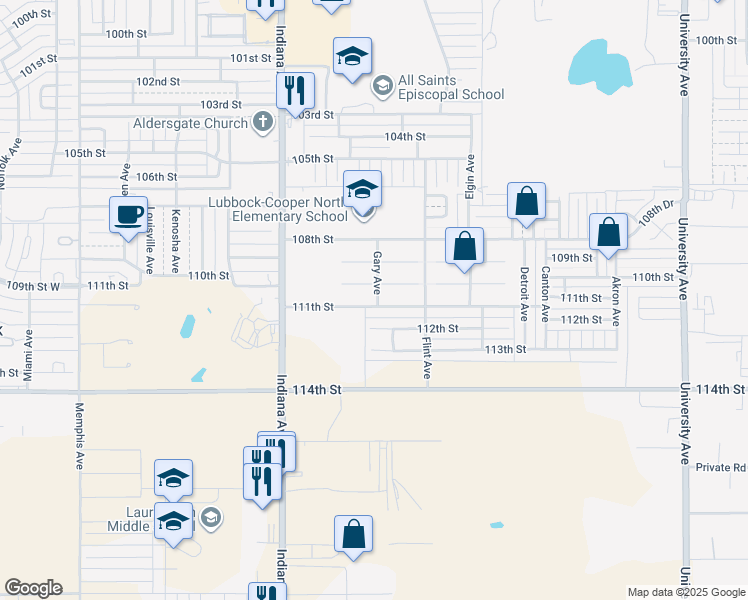 map of restaurants, bars, coffee shops, grocery stores, and more near 3123 111th Street in Lubbock