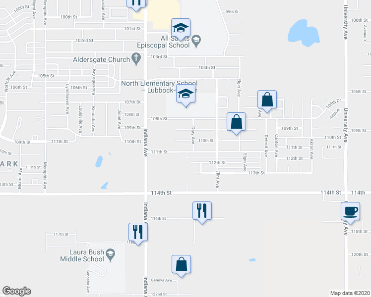 map of restaurants, bars, coffee shops, grocery stores, and more near 3207 111th Street in Lubbock