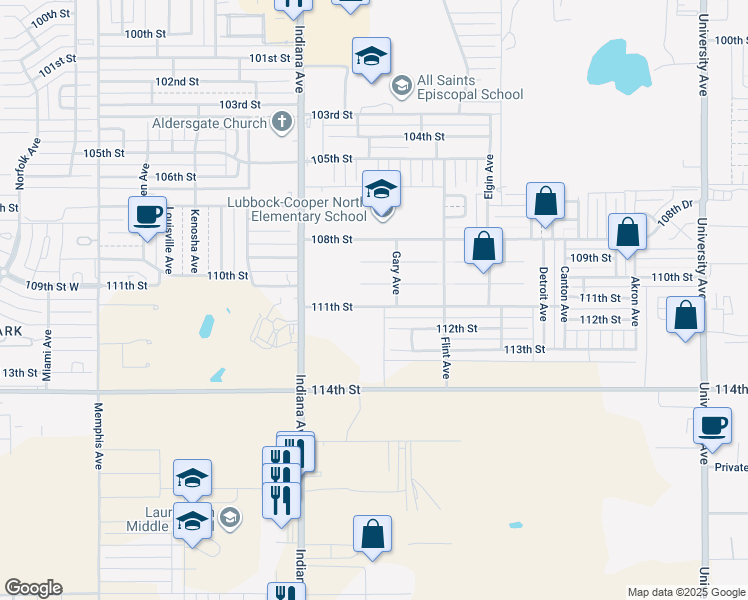 map of restaurants, bars, coffee shops, grocery stores, and more near 3207 111th Street in Lubbock