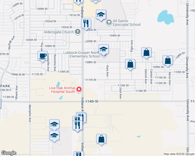 map of restaurants, bars, coffee shops, grocery stores, and more near 3207 111th Street in Lubbock
