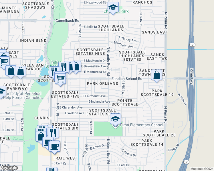 map of restaurants, bars, coffee shops, grocery stores, and more near 8403-8409 East Piccadilly Road in Scottsdale