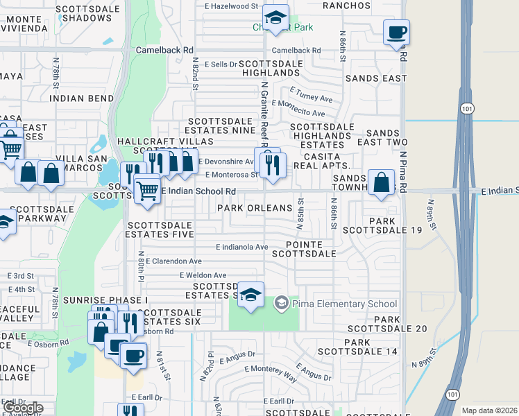 map of restaurants, bars, coffee shops, grocery stores, and more near 8402 East Piccadilly Road in Scottsdale