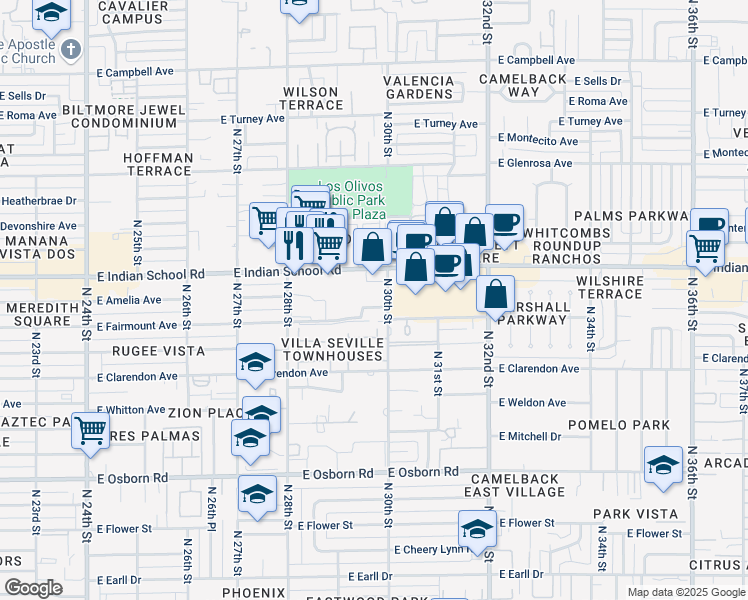 map of restaurants, bars, coffee shops, grocery stores, and more near 2924 East Fairmount Avenue in Phoenix