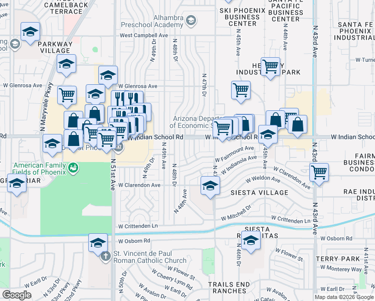 map of restaurants, bars, coffee shops, grocery stores, and more near 3851 North 48th Avenue in Phoenix