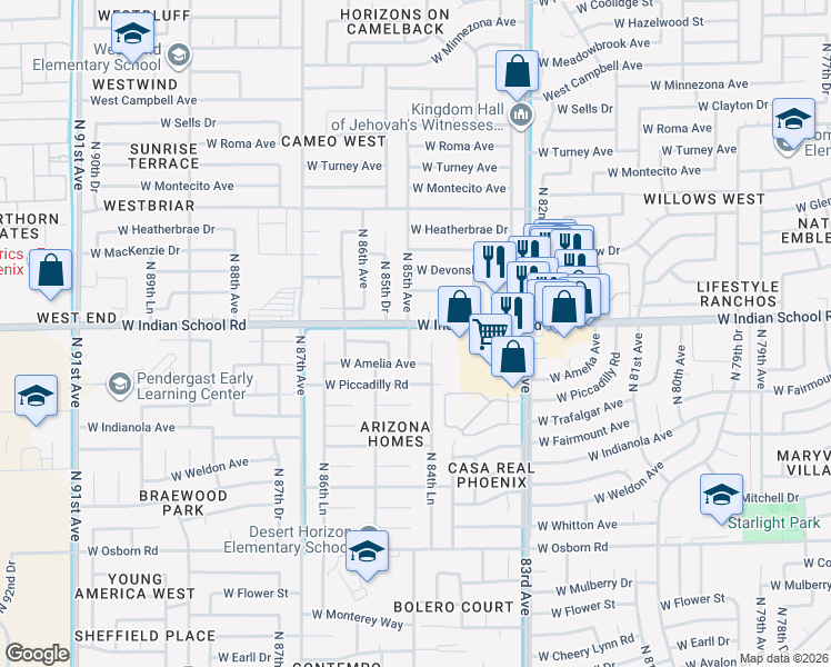 map of restaurants, bars, coffee shops, grocery stores, and more near 4005 North 85th Avenue in Phoenix