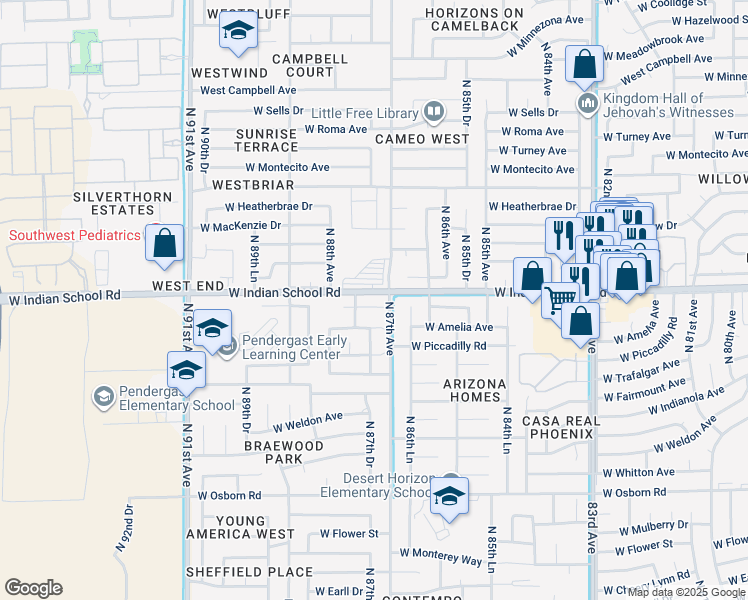 map of restaurants, bars, coffee shops, grocery stores, and more near 8701 West Vale Drive in Phoenix