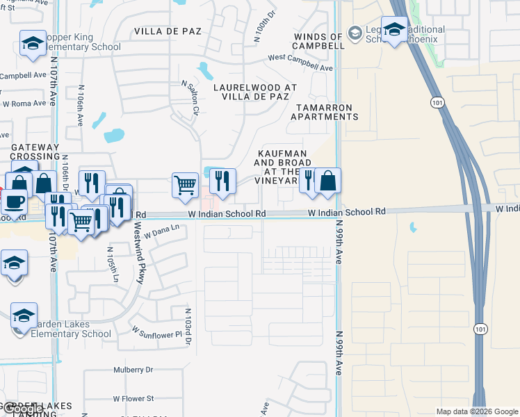 map of restaurants, bars, coffee shops, grocery stores, and more near 10030 West Indian School Road in Phoenix