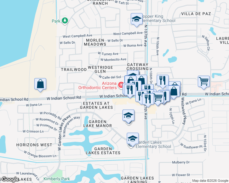 map of restaurants, bars, coffee shops, grocery stores, and more near 4110 North 108th Avenue in Phoenix