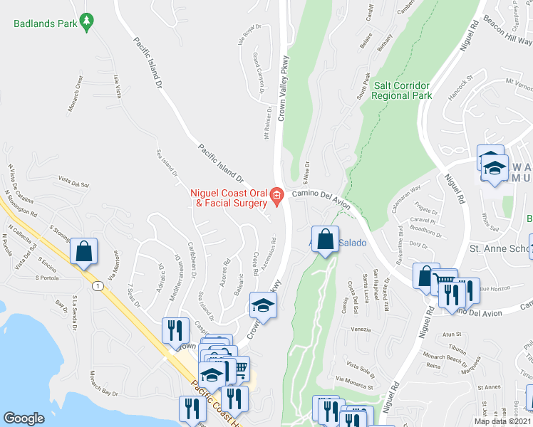 map of restaurants, bars, coffee shops, grocery stores, and more near 32322 Crete Road in Dana Point