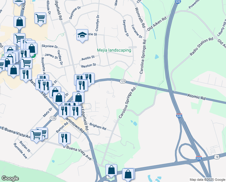 map of restaurants, bars, coffee shops, grocery stores, and more near 533 Hillcrest Drive in North Augusta